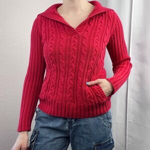 Vintage Y2K Sweater Womens Medium Red‎ Cable Knit Cotton Old Money Academia